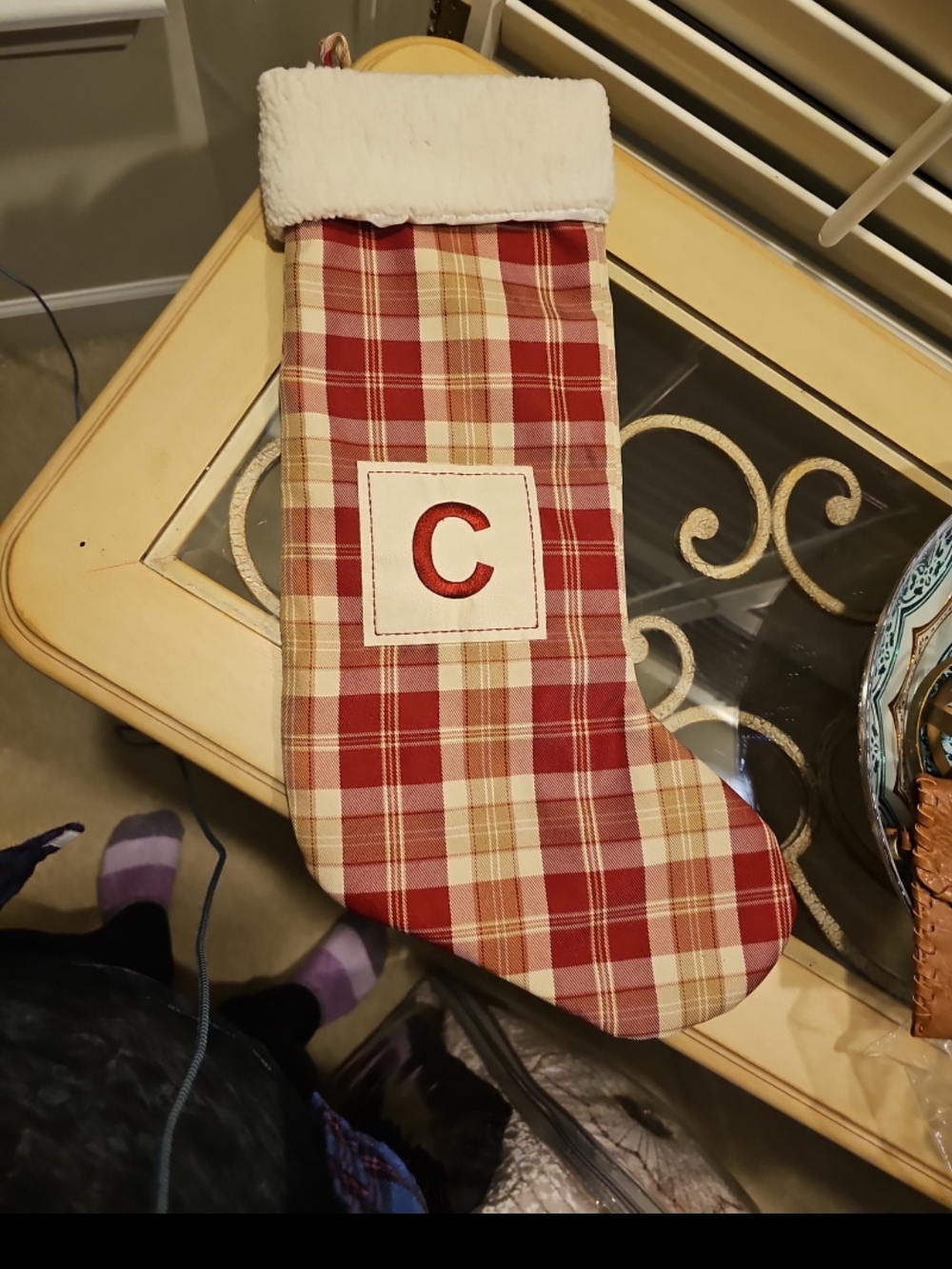 Personalized Plaid Holiday Stocking with White Cuff - Monogram C New Without Tag